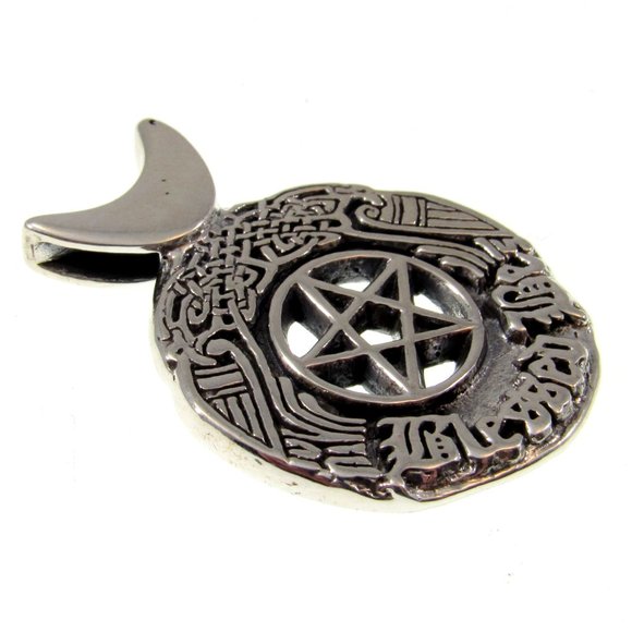 Solid 925 Sterling Silver Blessed Be the Star Crescent Moon Pentacle Pendant - Picture 3 of 5